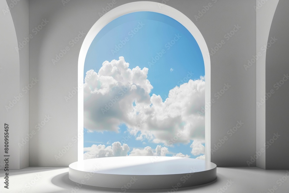 Poster minimalist display podium with skyline arch window. generative ai
