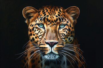 Naklejka premium Leopard animal portrait on black background. Wild cat face