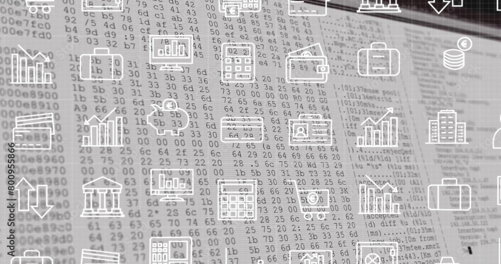 Poster image of currency icons and financial data processing over screen
