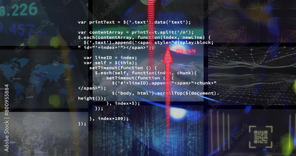 Poster image of arrows and financial data processing over screens