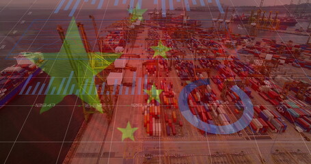 Image of financial data processing and flag of china over landscape