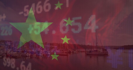 Image of financial data processing and flag of china over landscape