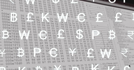 Image of financial data processing and currency symbols over screen