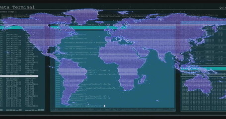 Image of financial data processing and world map over screen