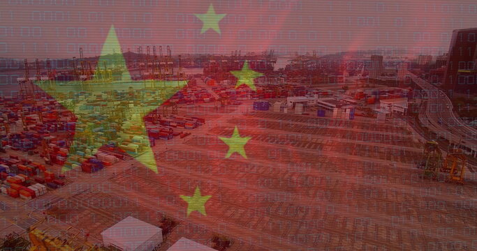 Image of financial data processing and flag of china over landscape
