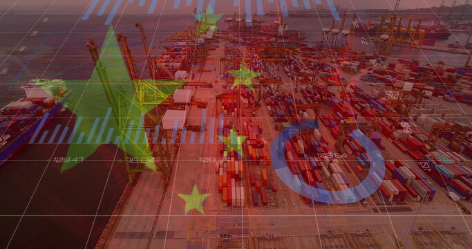 Image of financial data processing and flag of china over landscape