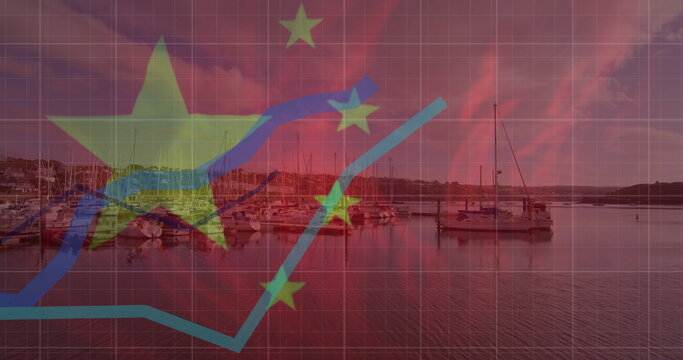 Image of financial data processing and flag of china over landscape