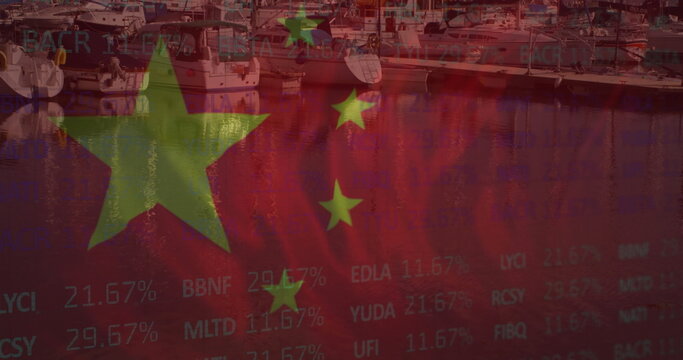 Image of financial data processing and flag of china over landscape