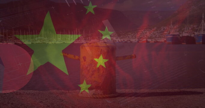 Image of financial data processing and flag of china over landscape