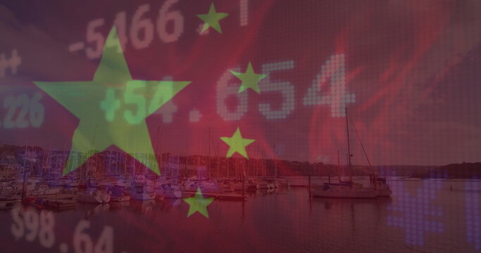 Image of financial data processing and flag of china over landscape