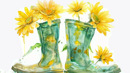 Two green boots with yellow flowers in them