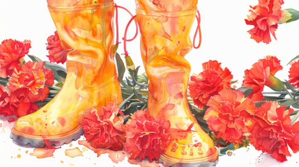 Two yellow rubber boots with red carnation flowers bouquet in them