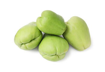 Many fresh green chayote isolated on white, top view