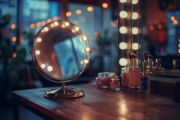 Defocused makeup mirror in dressing room with wooden table top - obrazy, fototapety, plakaty