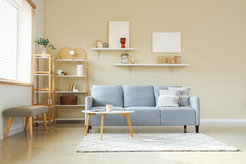 Interior of stylish living room with sofa, table and shelves
