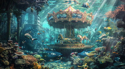 a whimsical carousel ride within a clear glass dome submerged underwater.