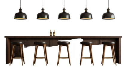 A vibrant bar setting with stools and a table lit by four enchanting lights on transparent background