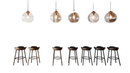A set of six lights cast a warm glow from their hanging positions on the ceiling on transparent background