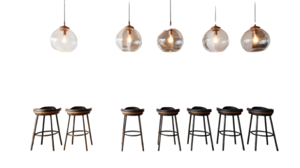 A set of six lights cast a warm glow from their hanging positions on the ceiling on transparent background