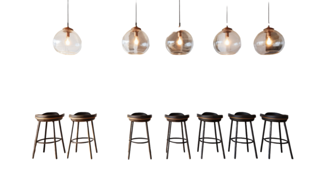 A set of six lights cast a warm glow from their hanging positions on the ceiling on transparent background
