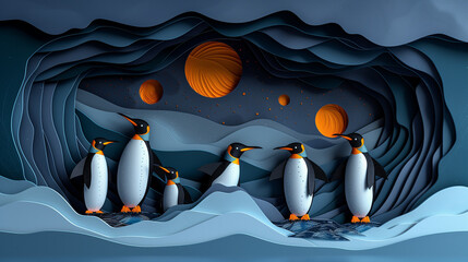 penguins colony, papercut style