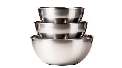 Four stainless steel bowls stacked in a vertical tower formation on transparent background
