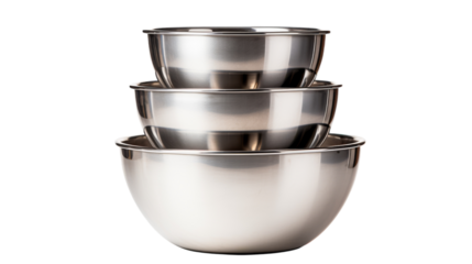 Four stainless steel bowls stacked in a vertical tower formation on transparent background