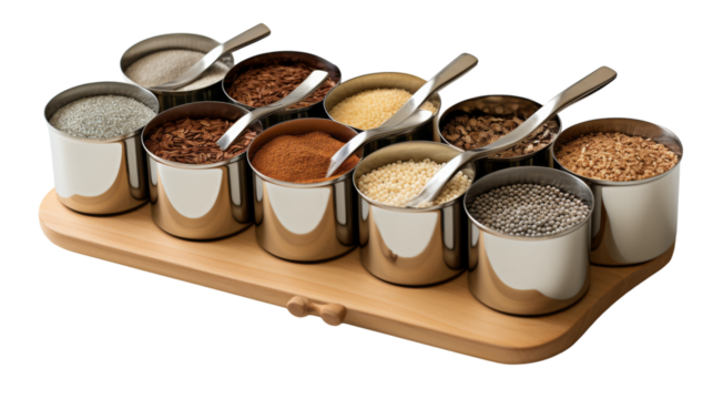 A wooden tray cradles six elegant measuring spoons of various sizes on transparent background