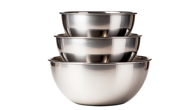 Four stainless steel bowls stacked in a vertical tower formation on transparent background