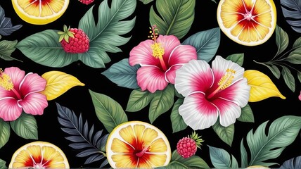 tropical flowers and lemons on black background