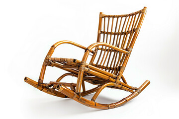A rocking chair made of sustainable bamboo, showcasing its natural beauty, isolated on a solid white background.