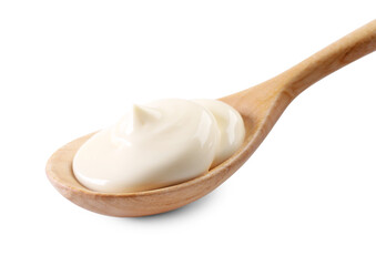 Natural yogurt in wooden spoon isolated on white