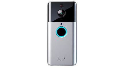 A sleek silver and black cell phone equipped with a camera on transparent background