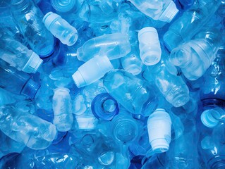 Color contrast between vivid blue background and white crushed plastic bottles, emphasizing the theme of ecofriendly practices