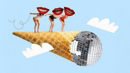 Poster. Women, friends with wide smiles instead of heads stands on waffle cone with disco ball as ice cream Contemporary art collage. Concept of parties, fun and joy, holidays, summer, travelling. Ad