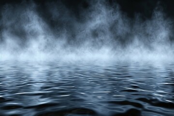 Fototapeta premium A dramatic scene unfolds: dark water shrouded in mist, with ethereal clouds hinting at the presence of the spirit above.