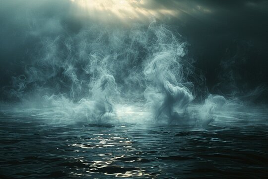 Luminescent clouds and mist, reminiscent of the divine, illuminate the darkness as they billow over a calm body of water.