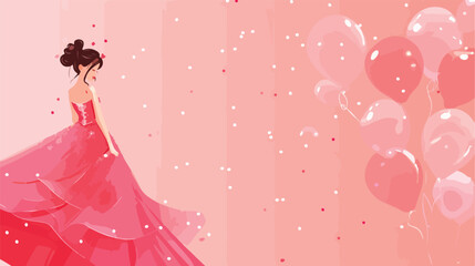 Teenage girl in prom dress with balloons on pink background