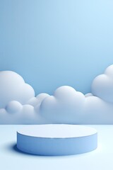 Minimalist design concept with a blue podium surrounded by soft cloud patterns, perfect for abstract and serene advertising visuals