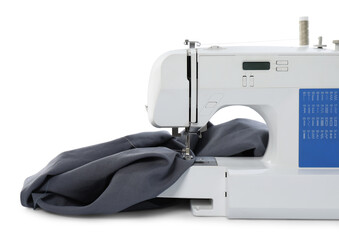 Sewing machine with grey fabric isolated on white