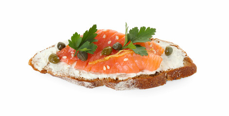 Tasty canape with salmon, capers and cream cheese isolated on white