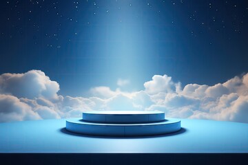 Highresolution 3D image of a celestial blue podium with a dreamy cloud background, offering a unique setting for exclusive event promotions