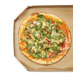 Delicious vegetarian pizza in cardboard box isolated on white, top view