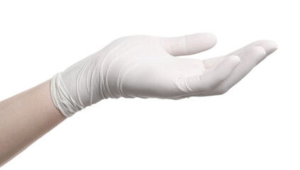 Woman wearing medical glove on white background, closeup