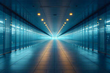 Fototapeta premium 8K Resolution Corridor with Blue Light and Glass Walls