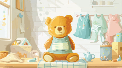 Toy bear with baby clothes and accessories on table 