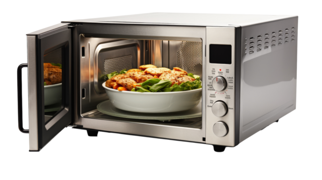 A microwave heats a bowl of food, transforming it into a delicious meal on transparent background
