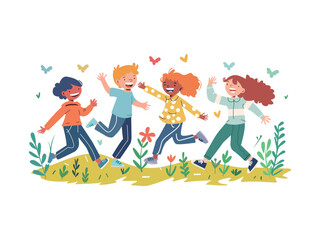 Fototapeta premium kids playing illustration fun playful friendship children nature childhood