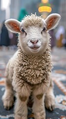 Naklejka premium A joyful sheep, smiling at the camera, with a modern Saudi mosque and the night sky in the background, symbolizing a festive and contemporary celebration