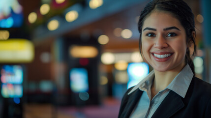 Female staff member with radiant smile at an entertainment venue, symbolizing good service